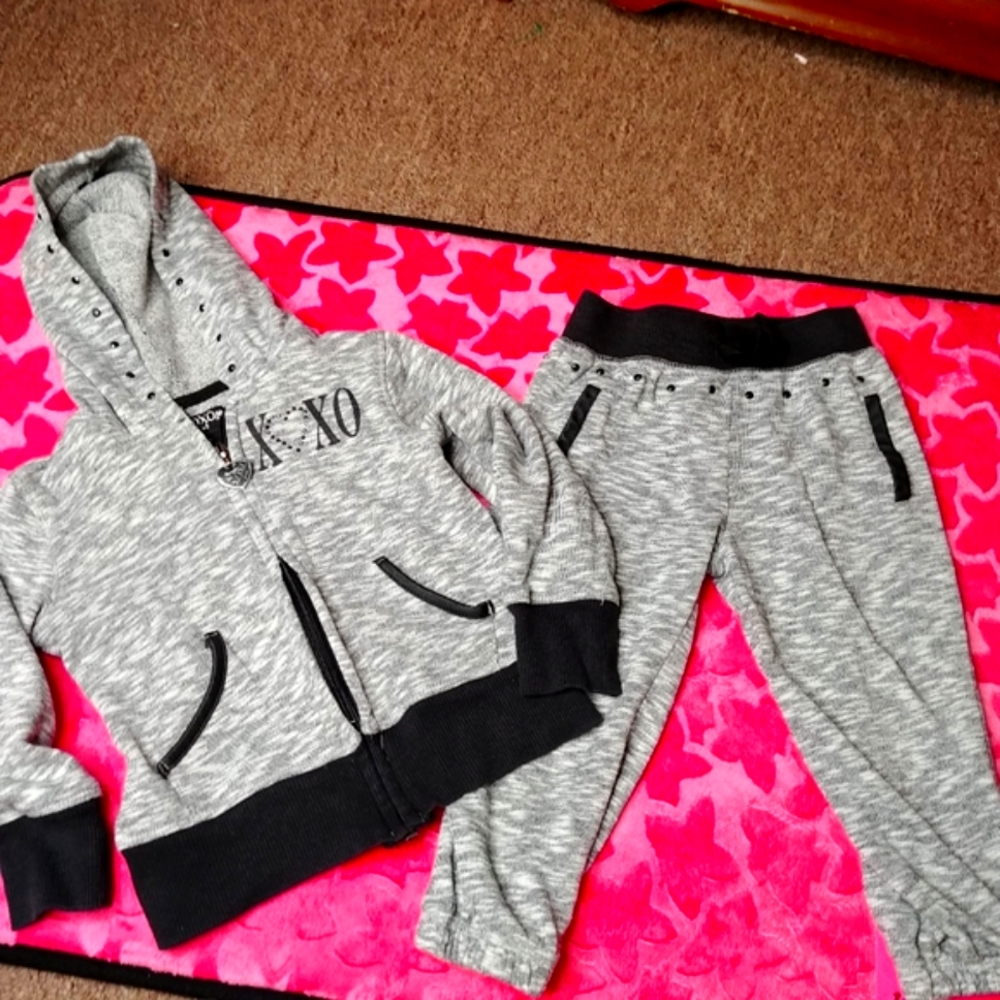 XOXO • 2pc Matching Outfit Tracksuit Gray Grey Heather Bling Zip Joggers 3T Gem